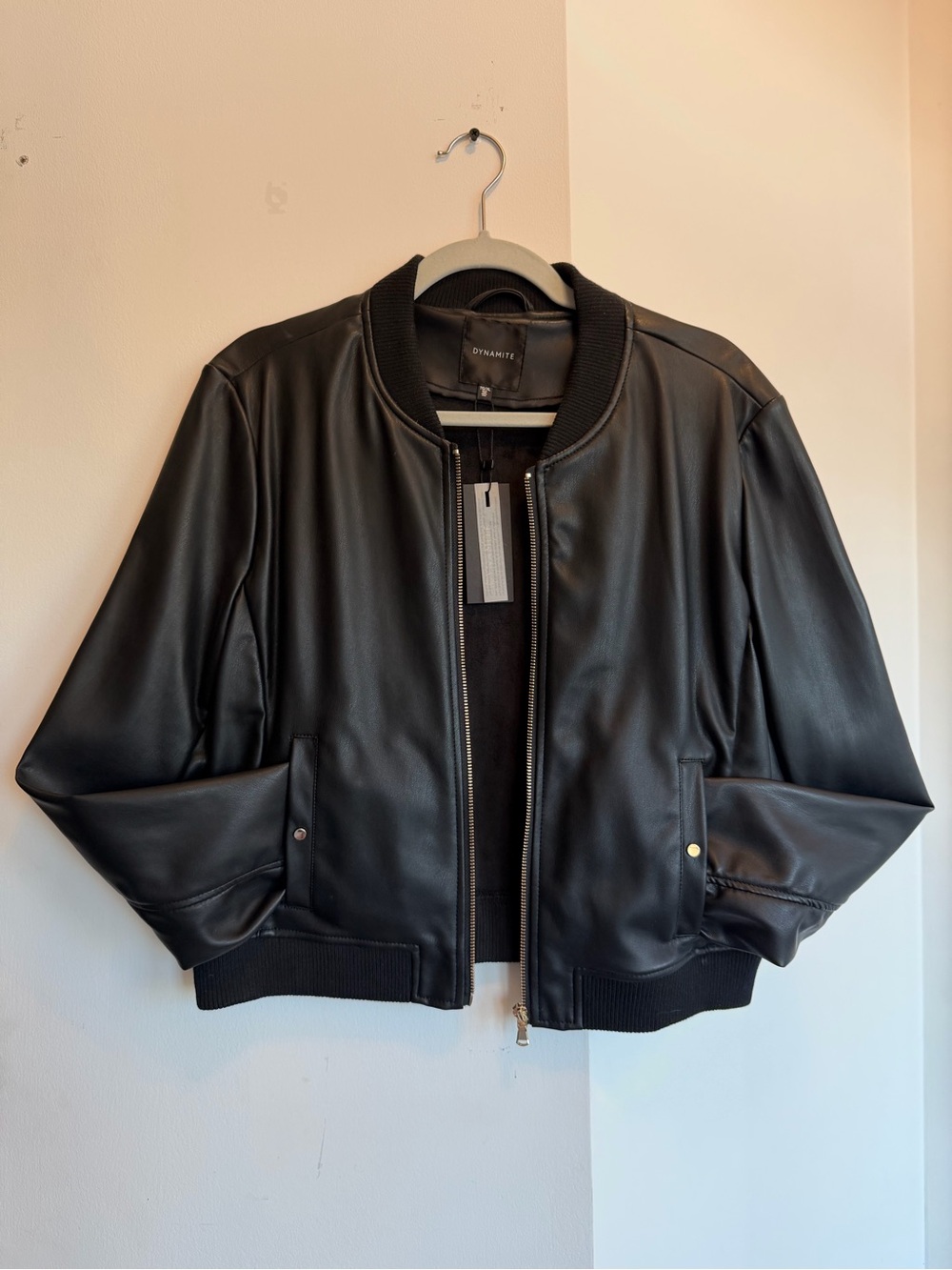 Dynamite Black Faux Leather Bomber with Ribbed Trim - Picture 1 of 8